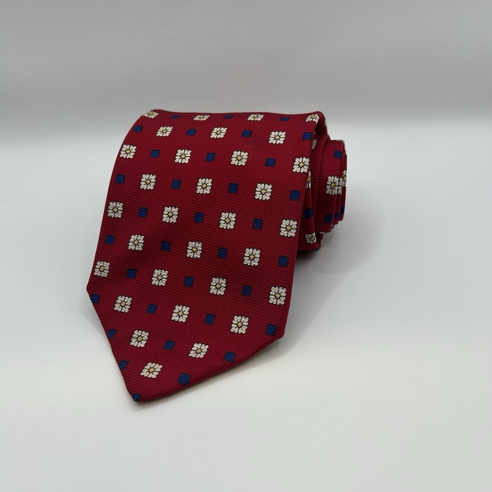 Brooks Brothers Makers Repp Silk‎ Neck Tie USA Red Floral Geometric 3.5"x58"
